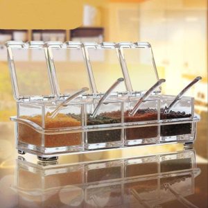 4 grid acrylic seasoning spice box kit with spoon kitchen masala container seasoning organizers crystal spice box, for kitchen (p 3164)